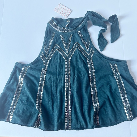 NWT Free People Glitter City Tie-Neck Tank in dark turquoise size Medium - Picture 1 of 4
